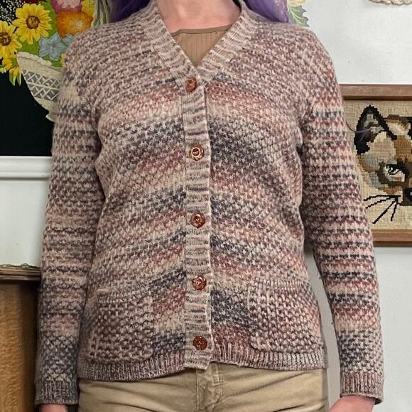Vintage Grandpa Cardigan, 1970s Brown Space Dye V-Neck Button Front Sweater Sz S - Picture 5 of 10